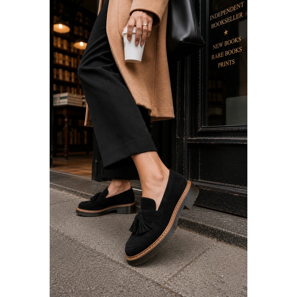 Dr. Martens Favilla II Black Suede LEATHER Tassel Loafers Women US 6 EU 37 HEEL